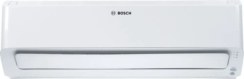 Weißes Klimagerät von Bosch, Wandmontage, mit Luftauslass. Funktionieren in einem Wohnraum angezeigt.